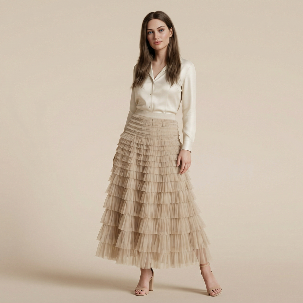 Layered Ruffles Cake Skirt Summer Fashion A Line Swing Mesh Long Skirt Party Dress Women