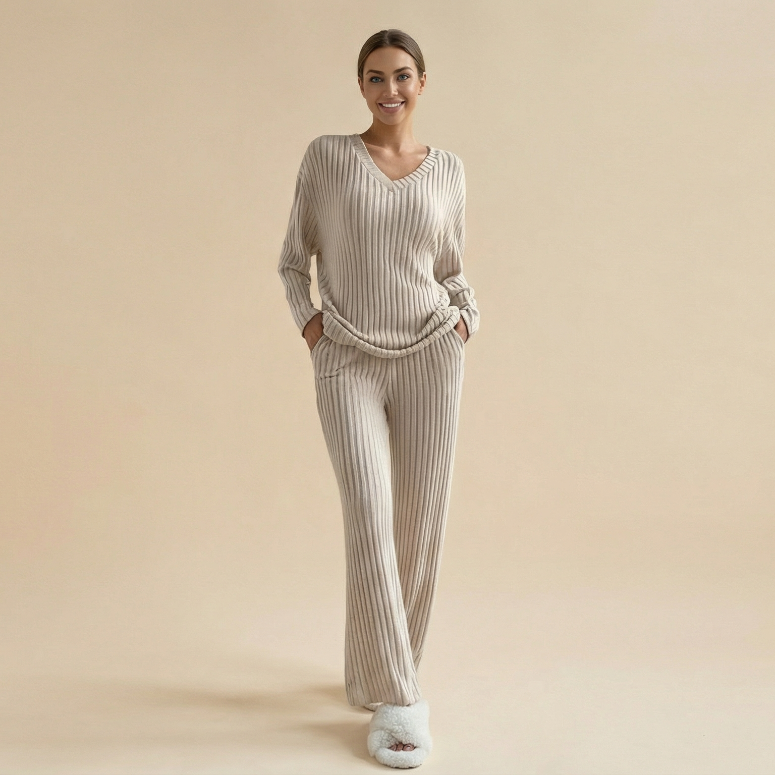 Straight-leg Pants With A Loose And Elegant V-neck Ribbed Two-piece Set