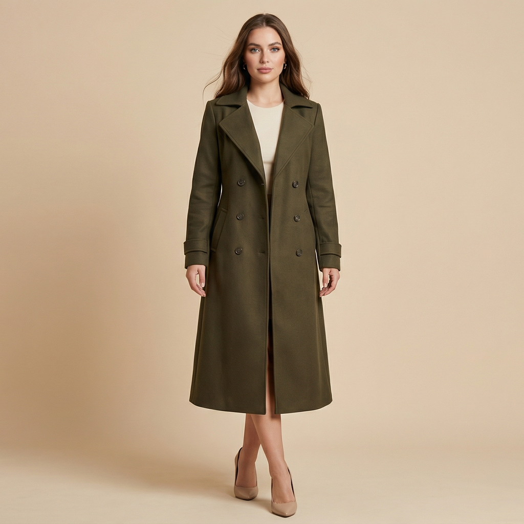 Women's Solid Double-Breasted Wool Coat, Elegant Long Coat for Autumn & Winter Wear