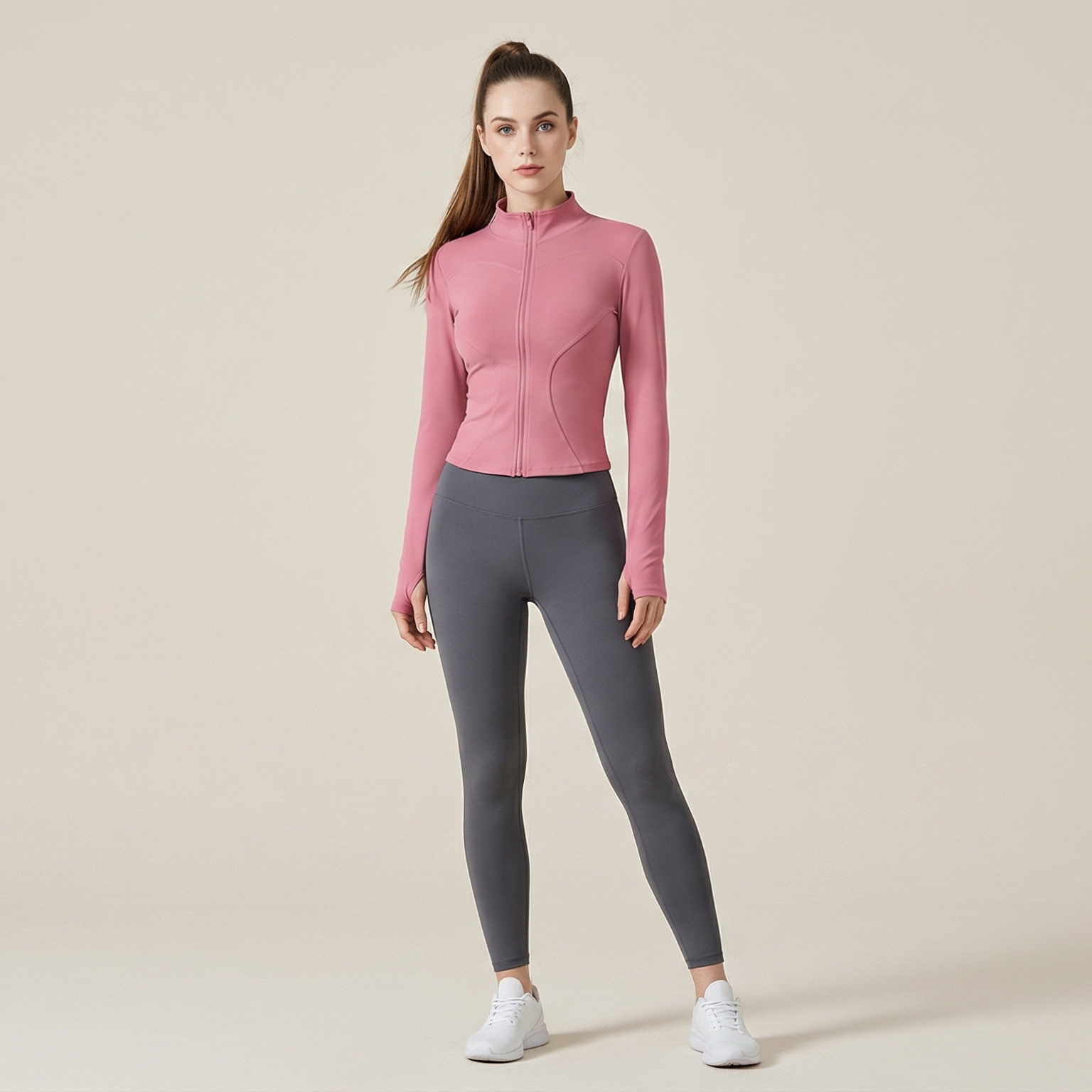 Women's Thumb Holes Zip Up Sports Jacket, Sporty Plain Long Sleeve Tops