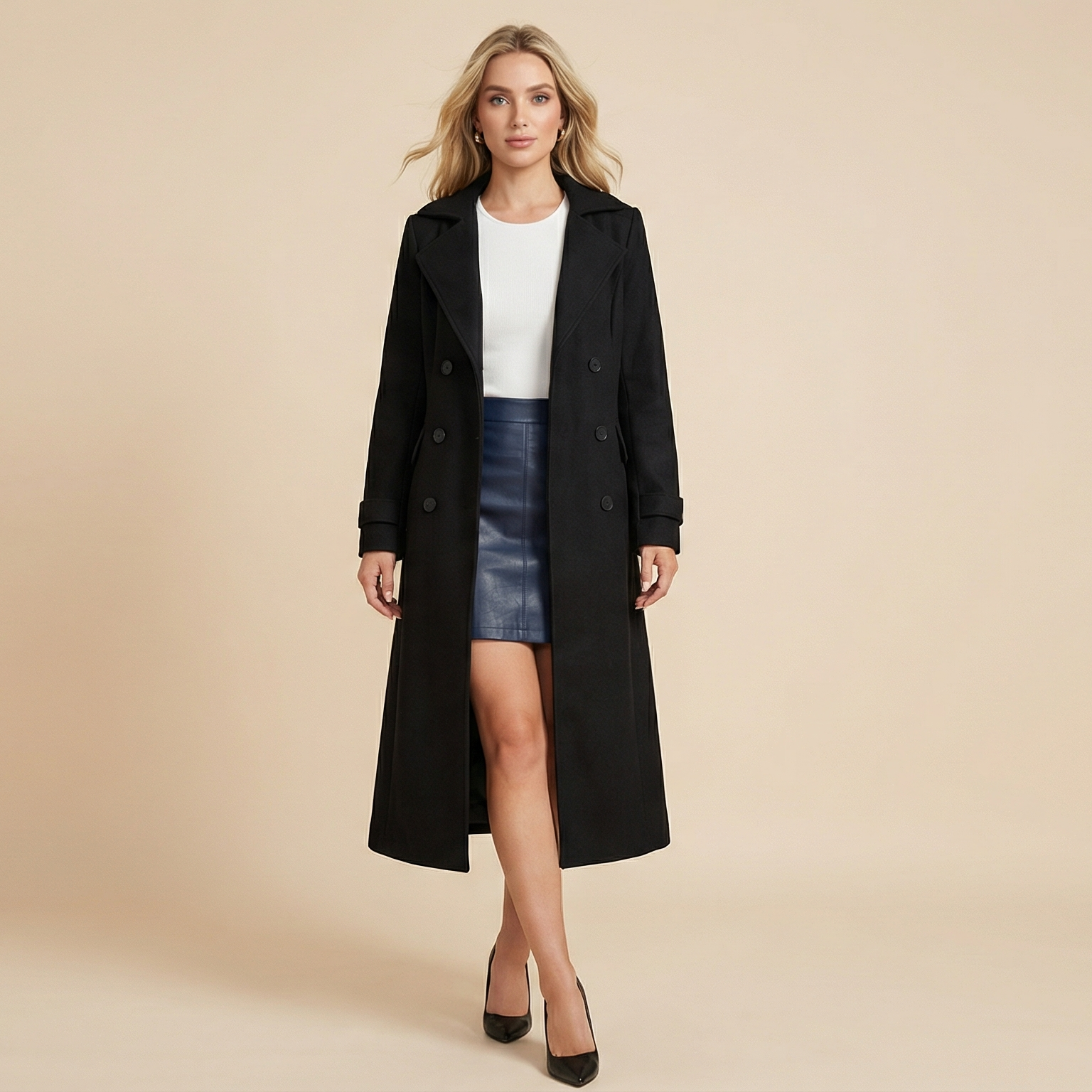 Women's Solid Double-Breasted Wool Coat, Elegant Long Coat for Autumn & Winter Wear