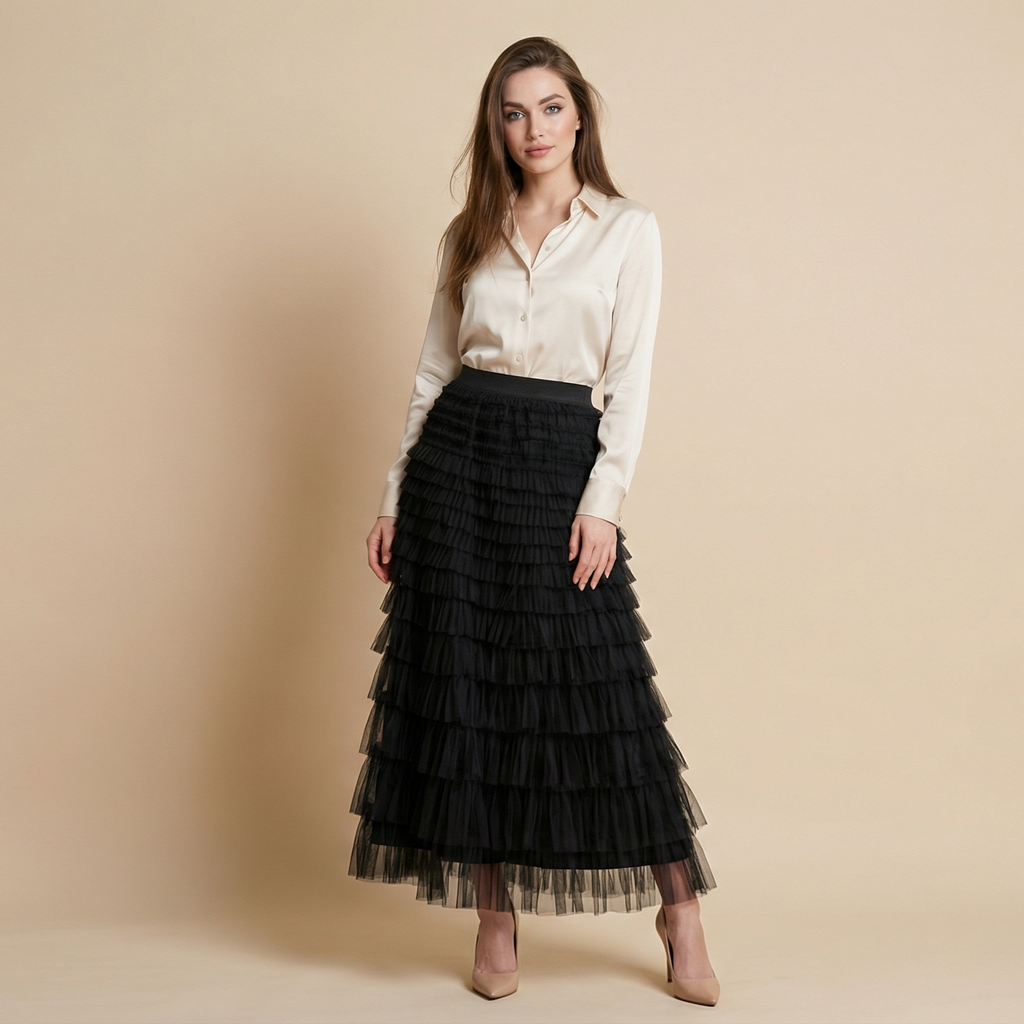 Layered Ruffles Cake Skirt Summer Fashion A Line Swing Mesh Long Skirt Party Dress Women