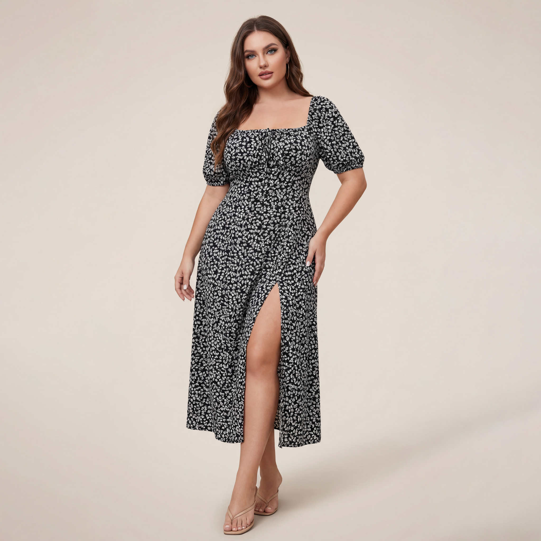 Square Collar Floral Dress Women