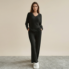 Straight-leg Pants With A Loose And Elegant V-neck Ribbed Two-piece Set