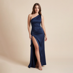 Women's Sexy One Shoulder Satin High Split Cocktail Fit Wedding Party Maxi Formal Dress