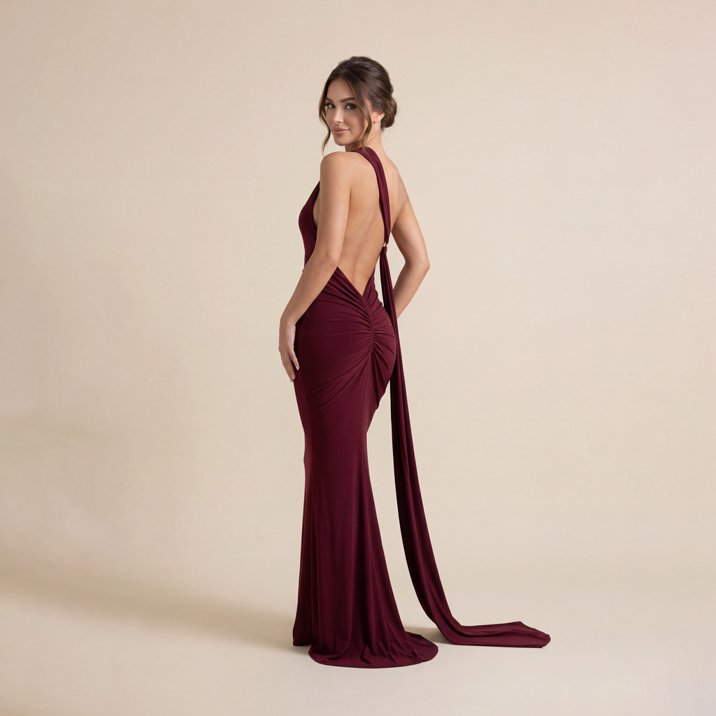 Women's Plain Ruched O-ring Backless Halter Neck Party Dress