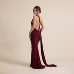 Women's Plain Ruched O-ring Backless Halter Neck Party Dress