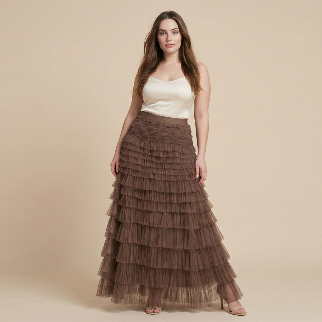 Layered Ruffles Cake Skirt Summer Fashion A Line Swing Mesh Long Skirt Party Dress Women