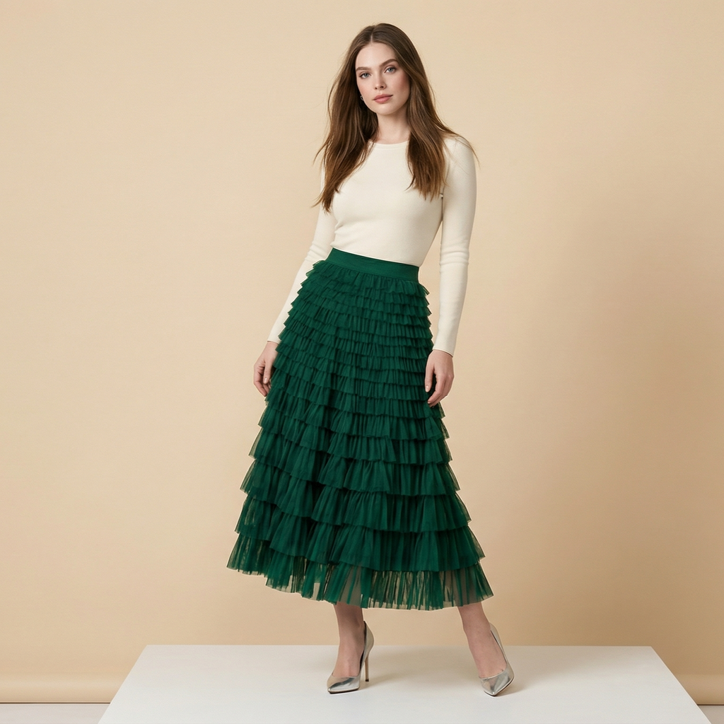 Layered Ruffles Cake Skirt Summer Fashion A Line Swing Mesh Long Skirt Party Dress Women