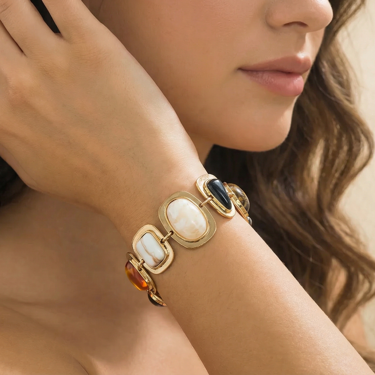 Retro-style Fashion Natural Stone Geometric Crystal Glass Bracelet