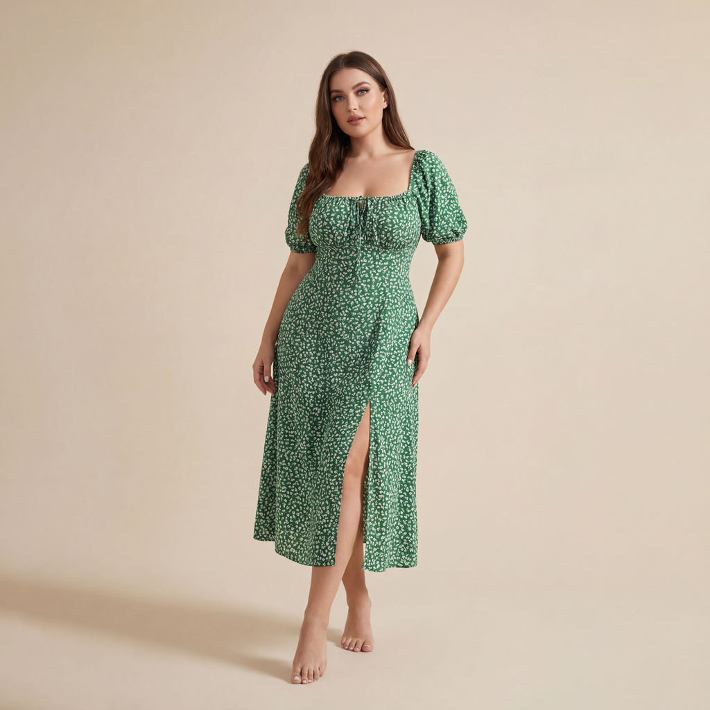 Square Collar Floral Dress Women