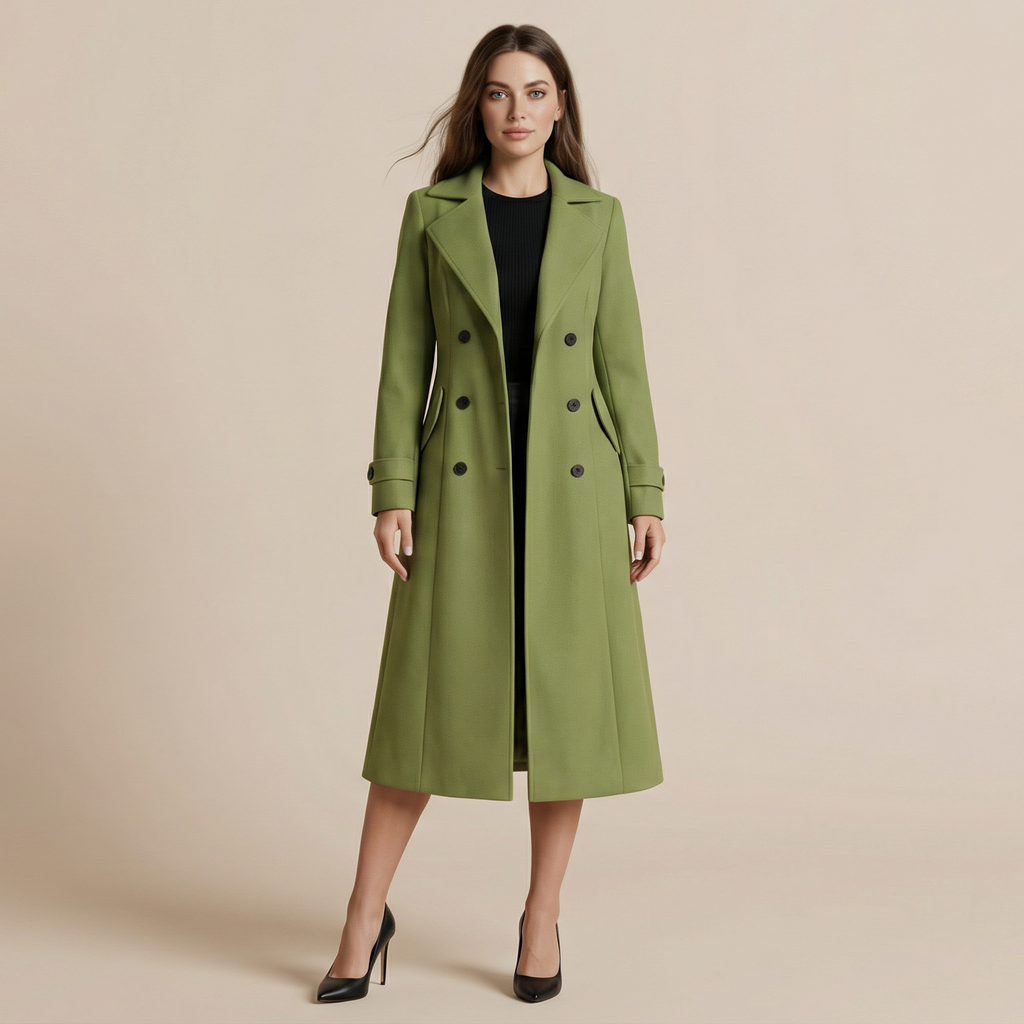 Women's Solid Double-Breasted Wool Coat, Elegant Long Coat for Autumn & Winter Wear
