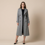 Women's Solid Double-Breasted Wool Coat, Elegant Long Coat for Autumn & Winter Wear