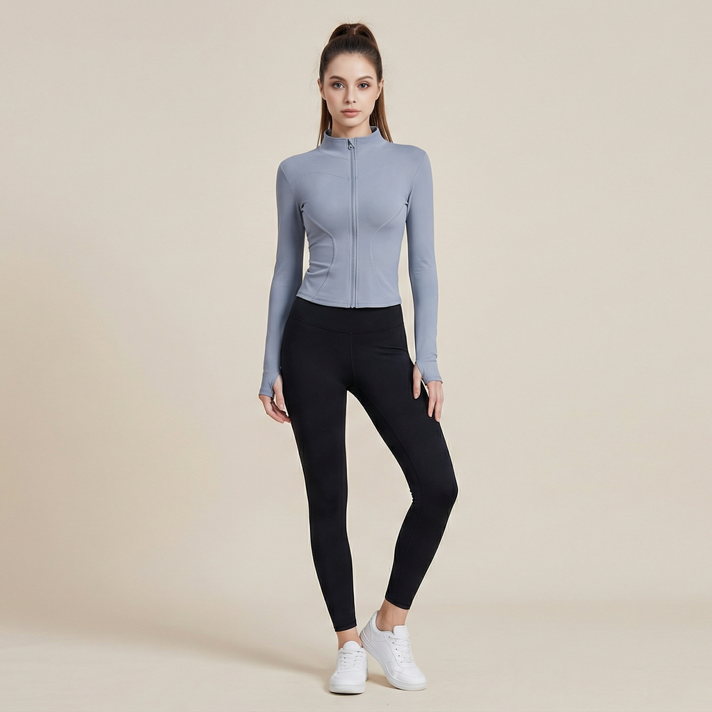 Women's Thumb Holes Zip Up Sports Jacket, Sporty Plain Long Sleeve Tops