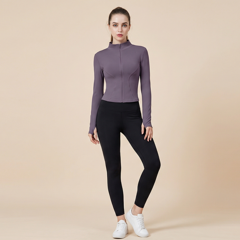 Women's Thumb Holes Zip Up Sports Jacket, Sporty Plain Long Sleeve Tops