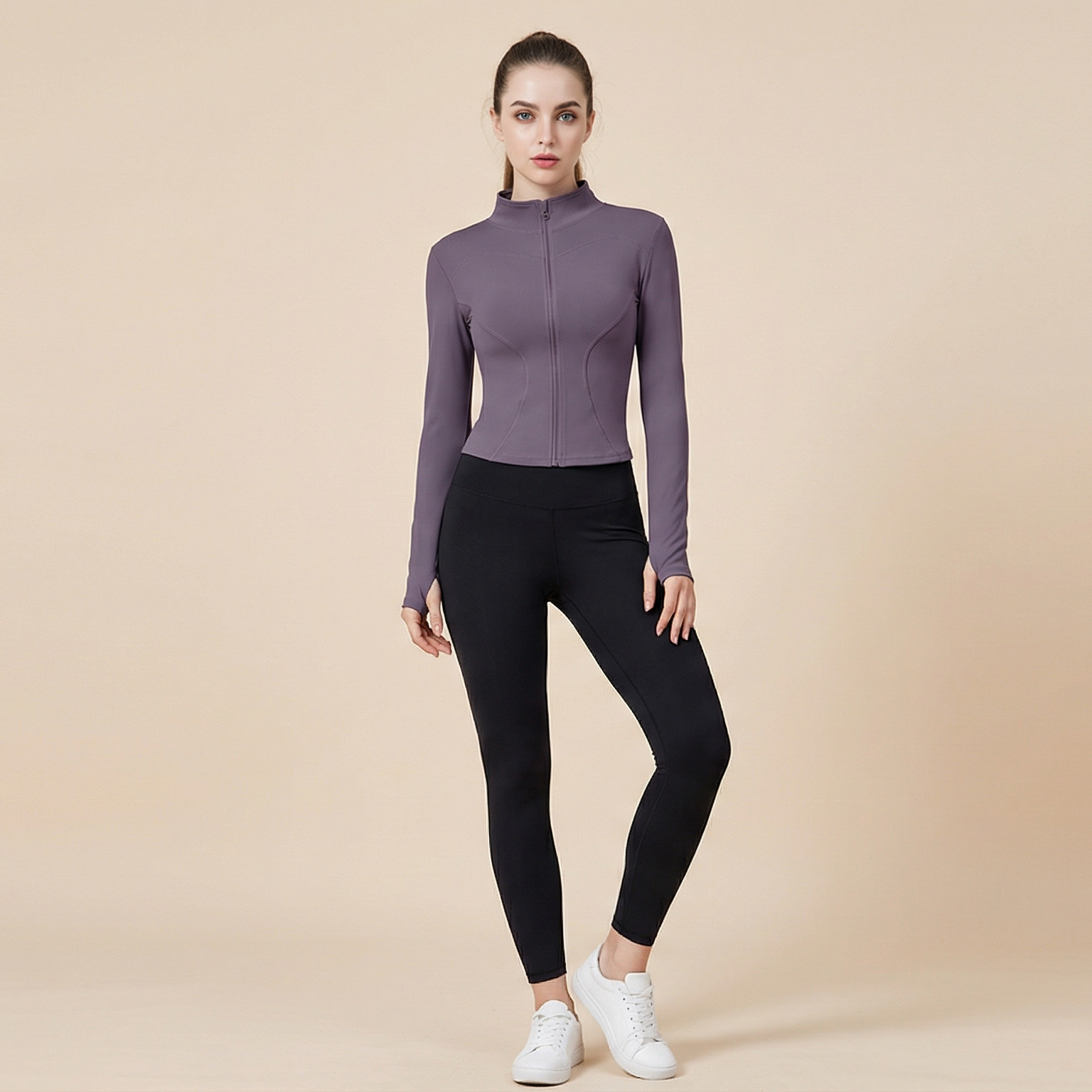 Women's Thumb Holes Zip Up Sports Jacket, Sporty Plain Long Sleeve Tops