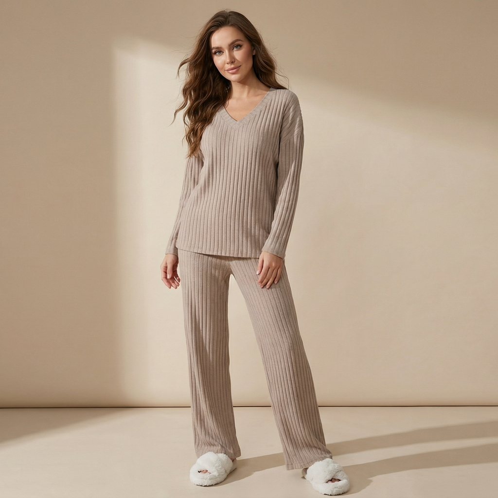 Straight-leg Pants With A Loose And Elegant V-neck Ribbed Two-piece Set