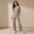 Straight-leg Pants With A Loose And Elegant V-neck Ribbed Two-piece Set