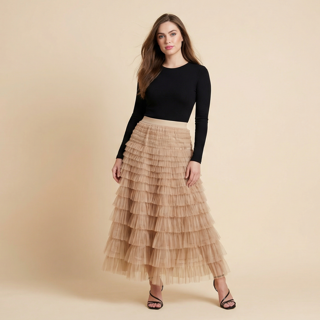Layered Ruffles Cake Skirt Summer Fashion A Line Swing Mesh Long Skirt Party Dress Women