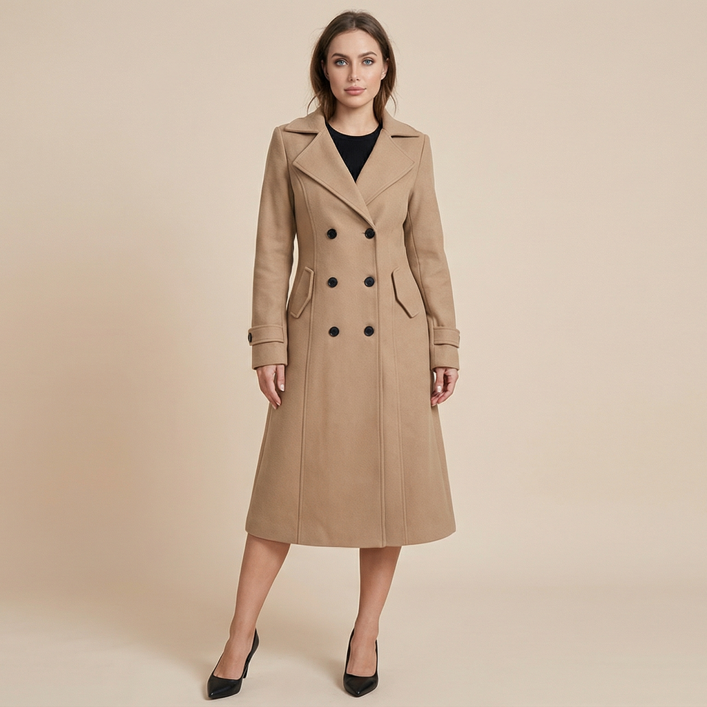 Women's Solid Double-Breasted Wool Coat, Elegant Long Coat for Autumn & Winter Wear