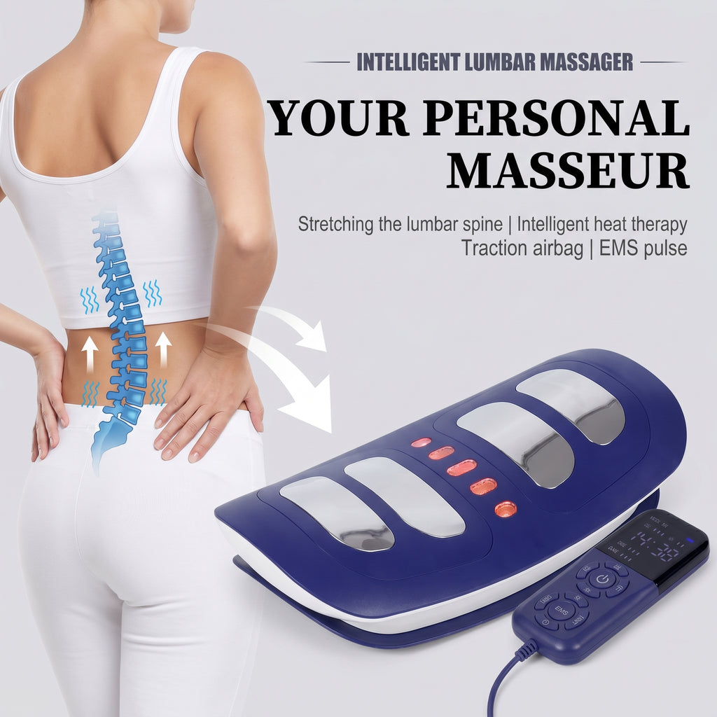 5-in-1 Electric Lumbar Massager — 4-Zone EMS, Airbag Traction, Heat Therapy, Vibration & Smart Timer | Rechargeable Spine Decompression Device