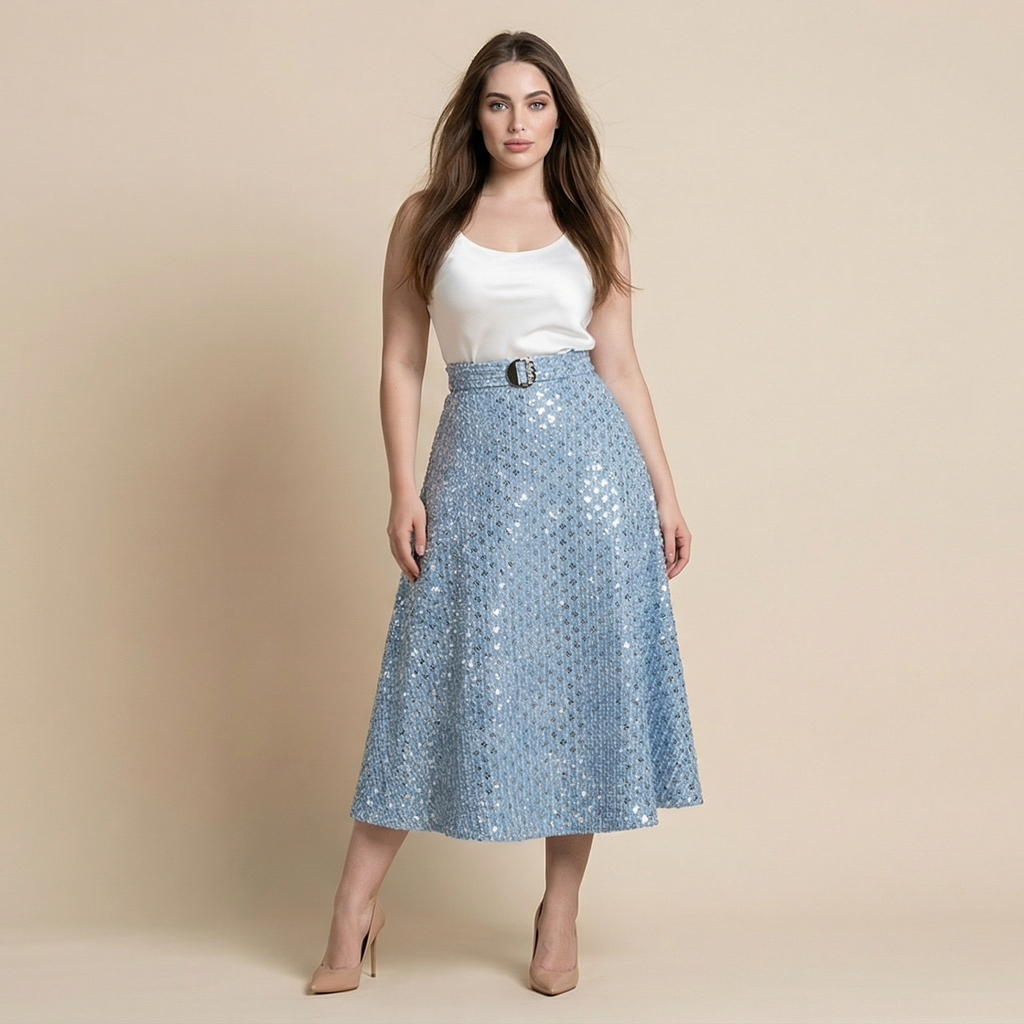 Women's Mid Length Embroidered Denim Skirt