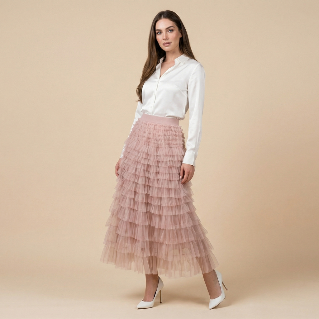Layered Ruffles Cake Skirt Summer Fashion A Line Swing Mesh Long Skirt Party Dress Women