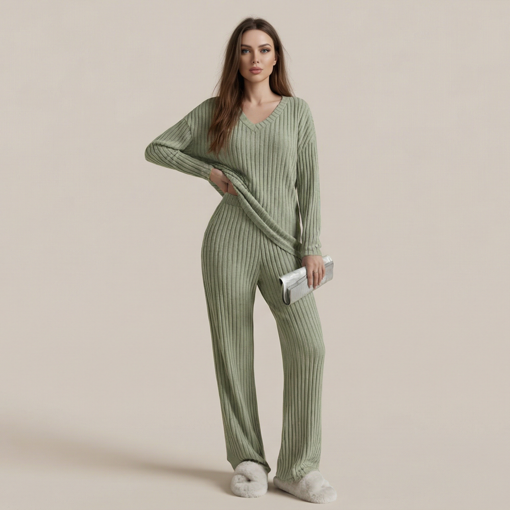 Straight-leg Pants With A Loose And Elegant V-neck Ribbed Two-piece Set