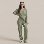 Straight-leg Pants With A Loose And Elegant V-neck Ribbed Two-piece Set
