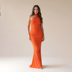 Women's Plain Ruched O-ring Backless Halter Neck Party Dress