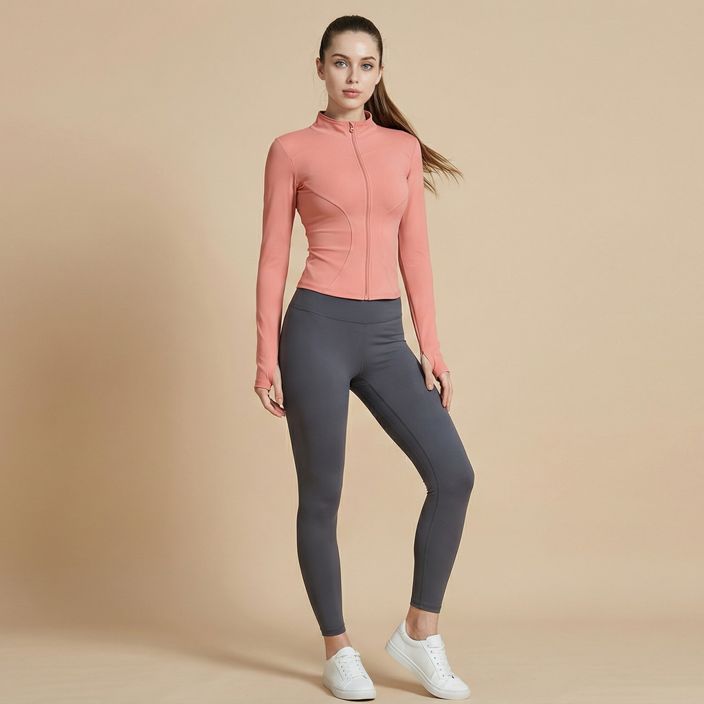 Women's Thumb Holes Zip Up Sports Jacket, Sporty Plain Long Sleeve Tops