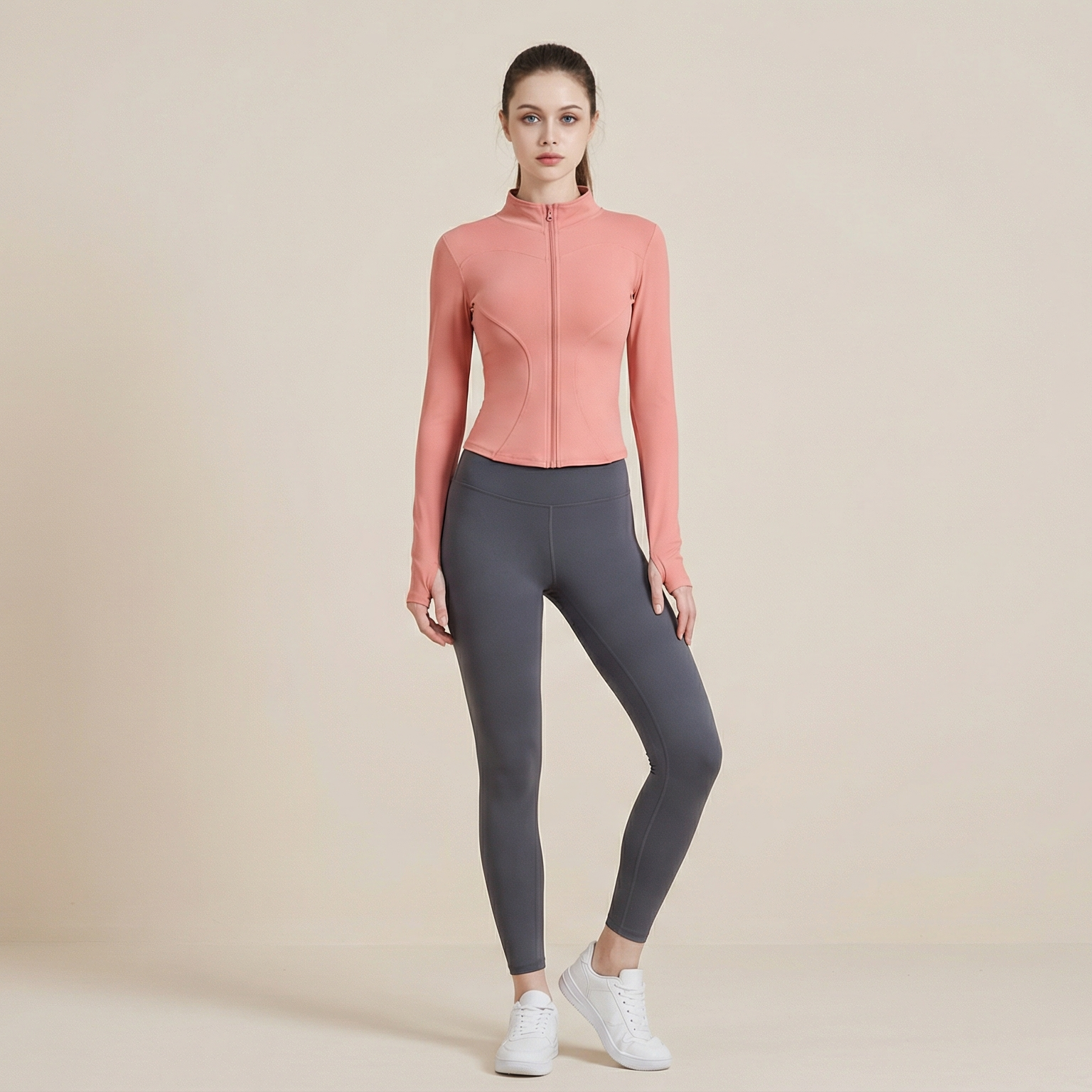 Women's Thumb Holes Zip Up Sports Jacket, Sporty Plain Long Sleeve Tops