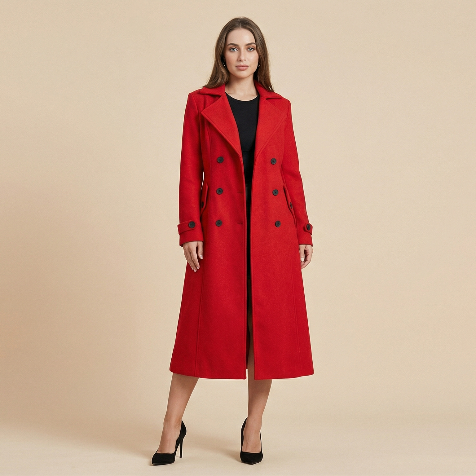 Women's Solid Double-Breasted Wool Coat, Elegant Long Coat for Autumn & Winter Wear