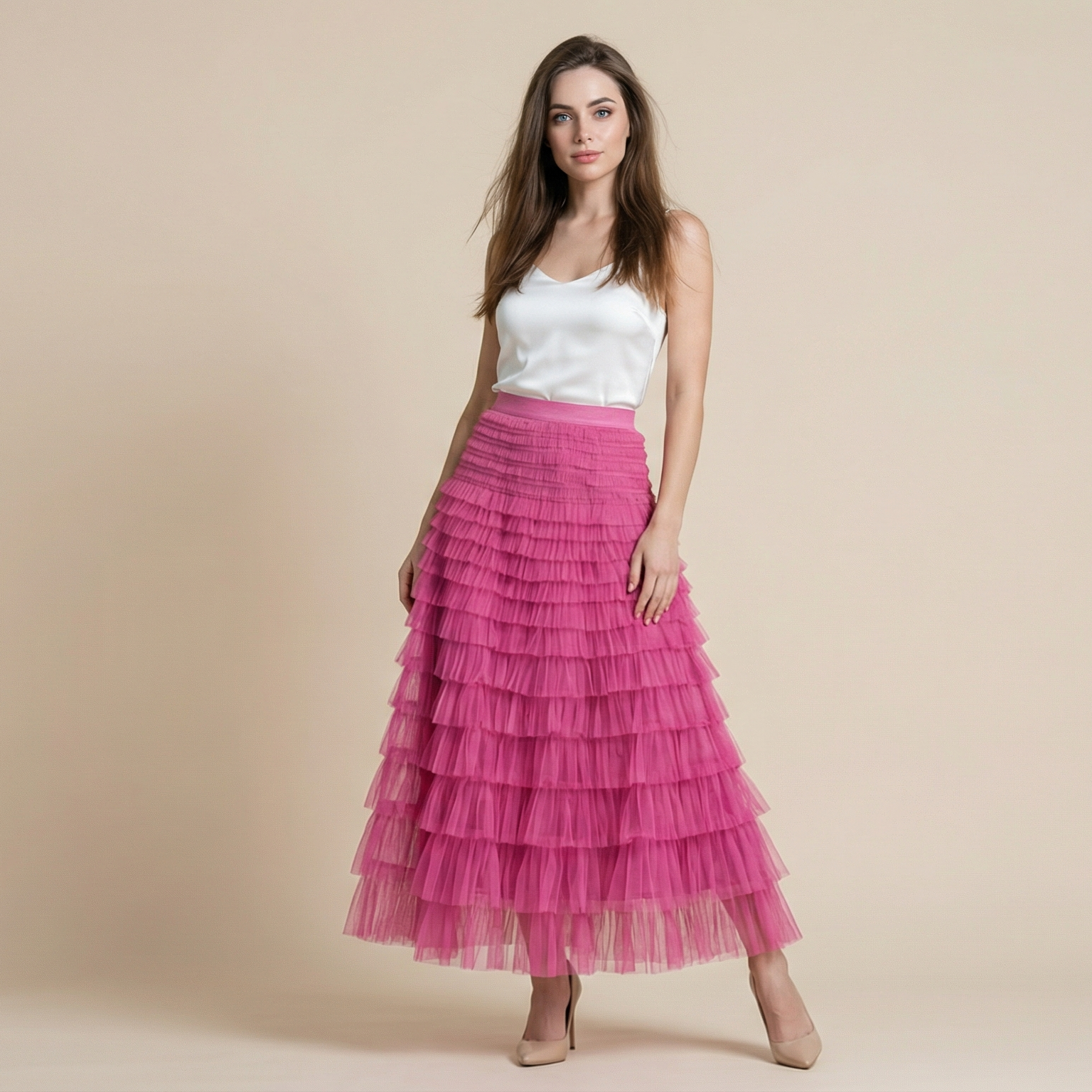 Layered Ruffles Cake Skirt Summer Fashion A Line Swing Mesh Long Skirt Party Dress Women