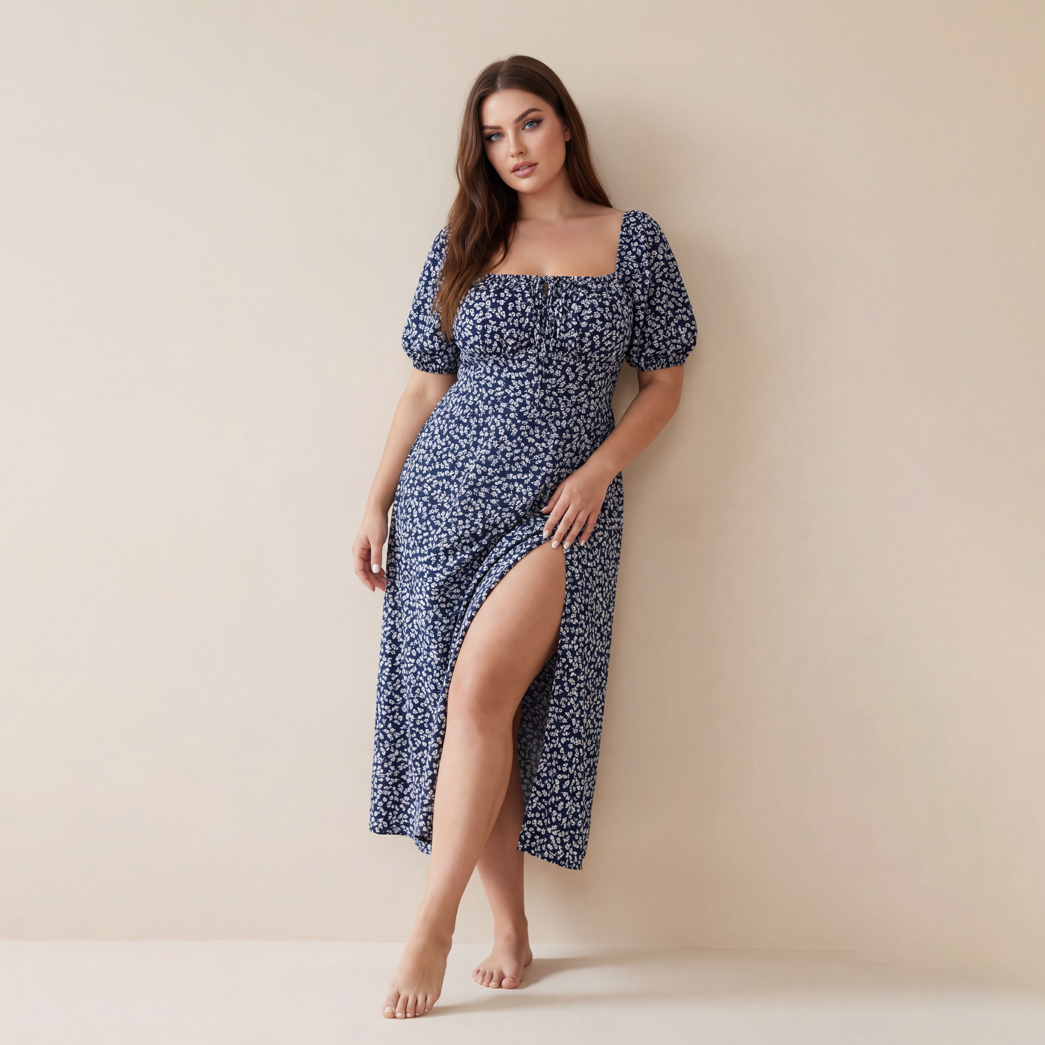 Square Collar Floral Dress Women