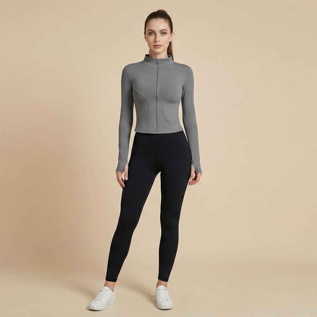 Women's Thumb Holes Zip Up Sports Jacket, Sporty Plain Long Sleeve Tops