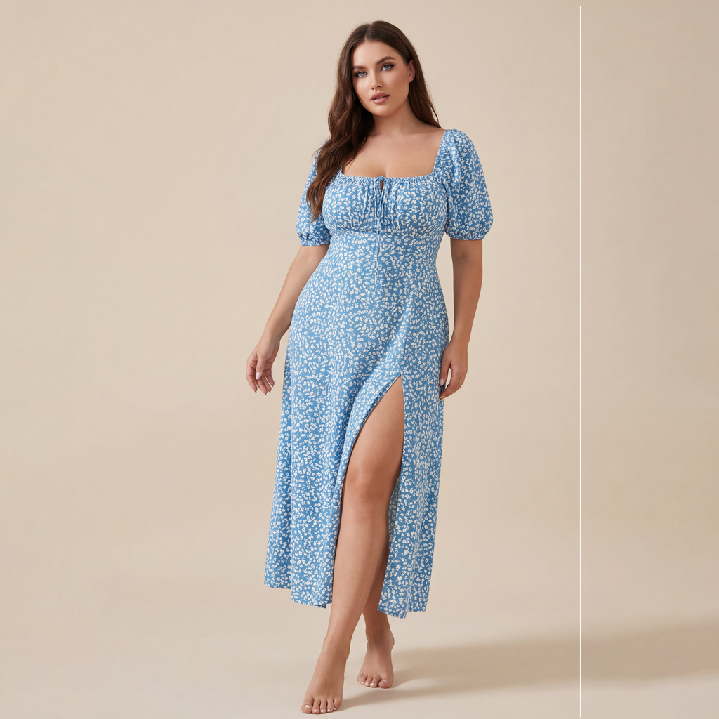 Square Collar Floral Dress Women