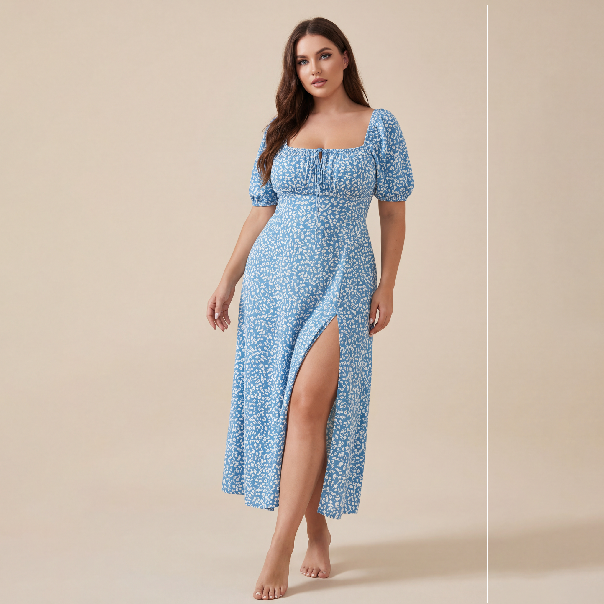 Square Collar Floral Dress Women