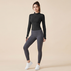 Women's Thumb Holes Zip Up Sports Jacket, Sporty Plain Long Sleeve Tops