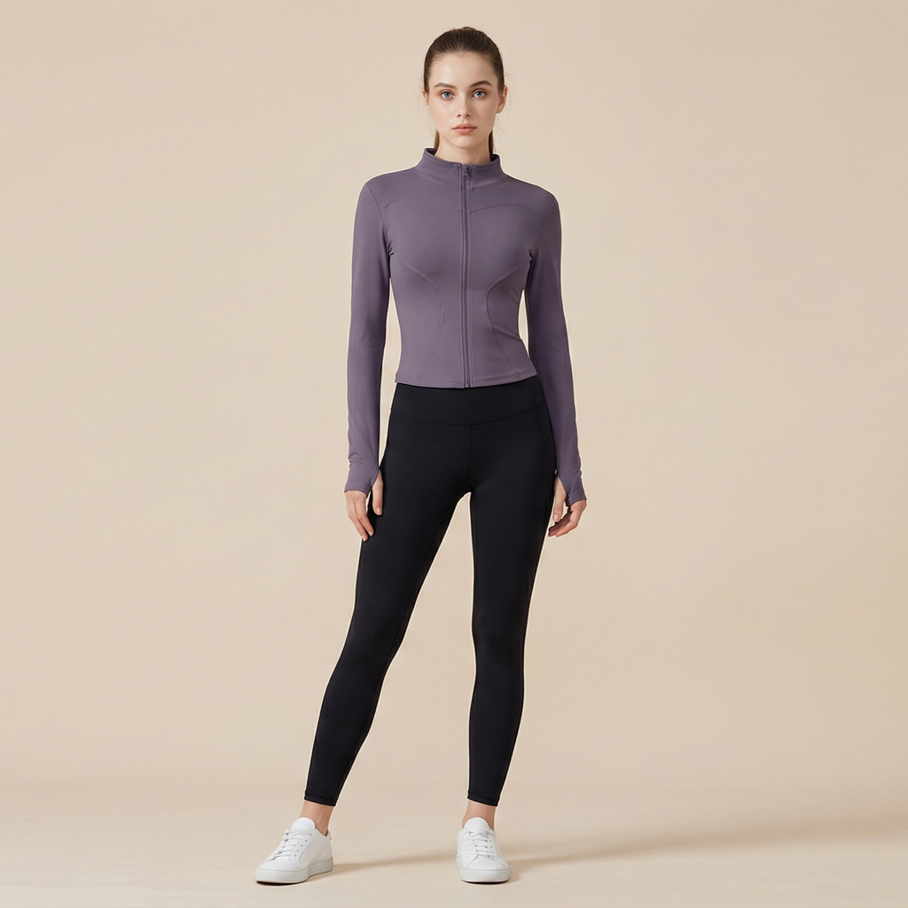 Women's Thumb Holes Zip Up Sports Jacket, Sporty Plain Long Sleeve Tops