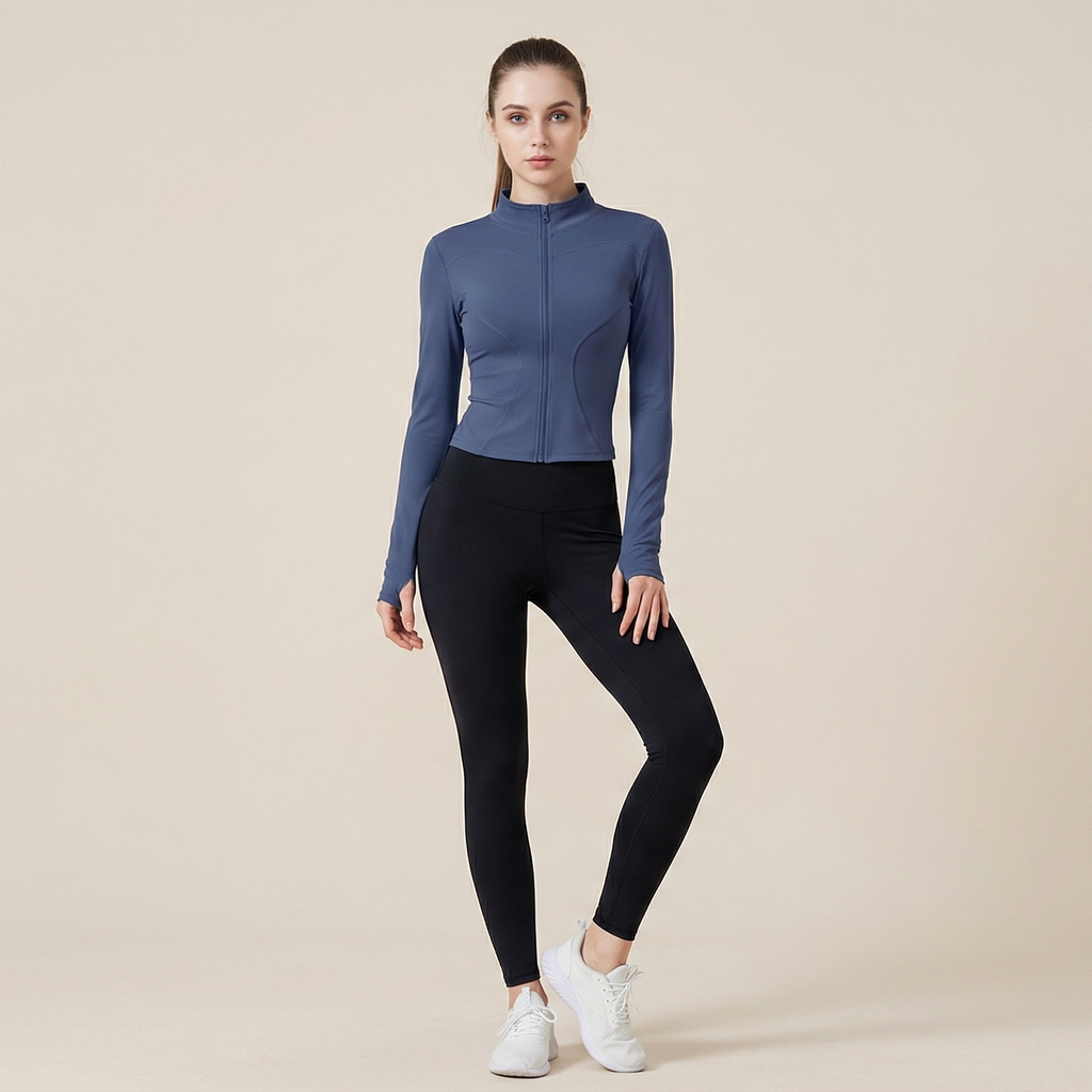 Women's Thumb Holes Zip Up Sports Jacket, Sporty Plain Long Sleeve Tops