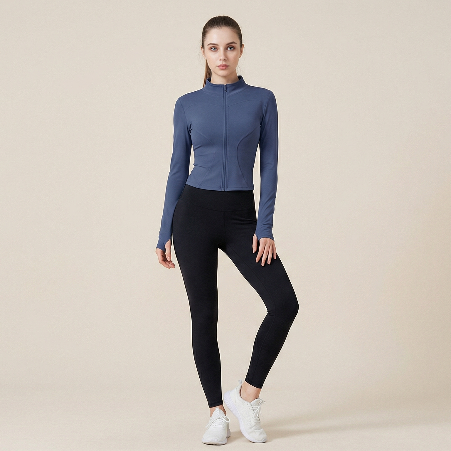 Women's Thumb Holes Zip Up Sports Jacket, Sporty Plain Long Sleeve Tops