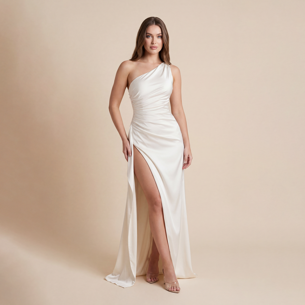 Women's Sexy One Shoulder Satin High Split Cocktail Fit Wedding Party Maxi Formal Dress