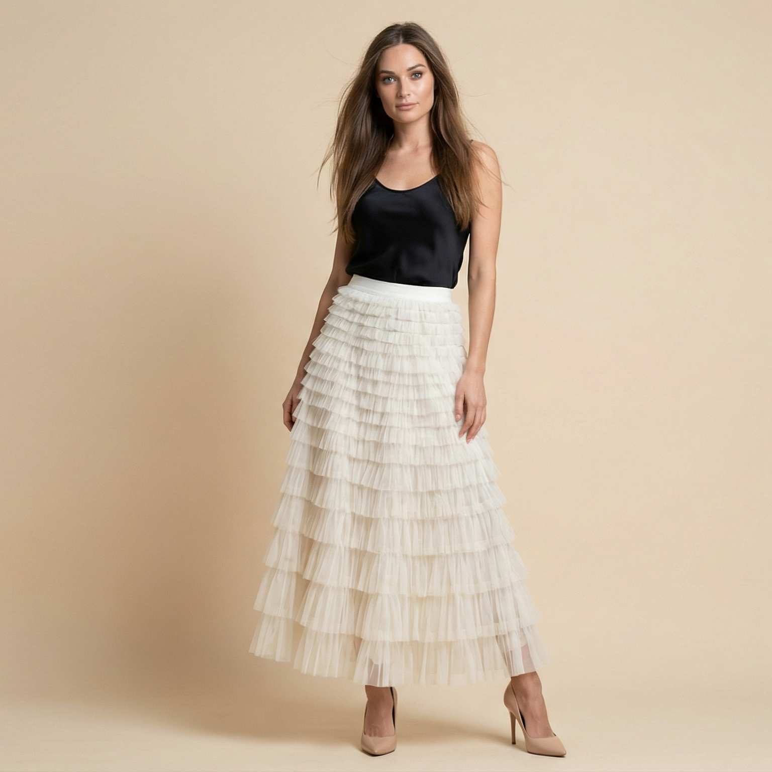 Layered Ruffles Cake Skirt Summer Fashion A Line Swing Mesh Long Skirt Party Dress Women