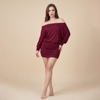 Women's Sheer Ruched Party Dress, Off-The-Shoulder Long Sleeve