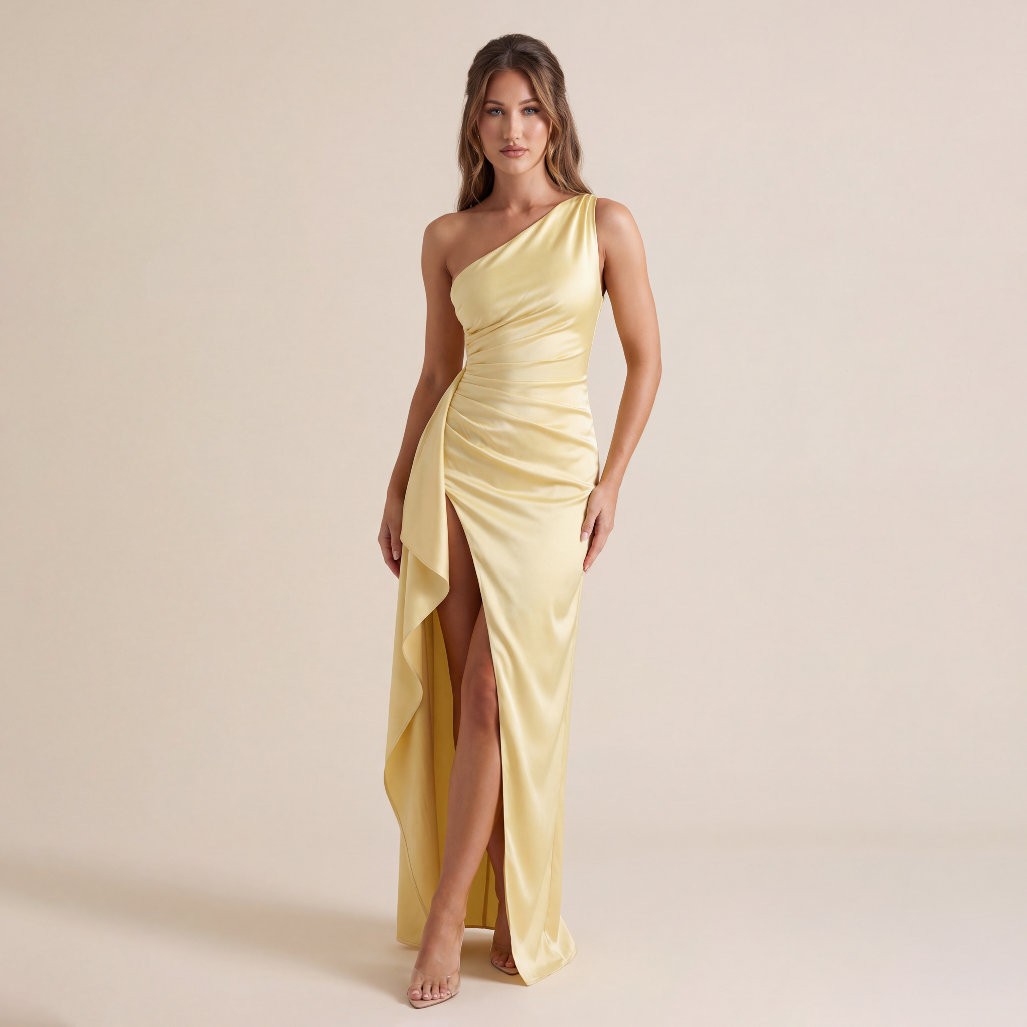 Women's Sexy One Shoulder Satin High Split Cocktail Fit Wedding Party Maxi Formal Dress